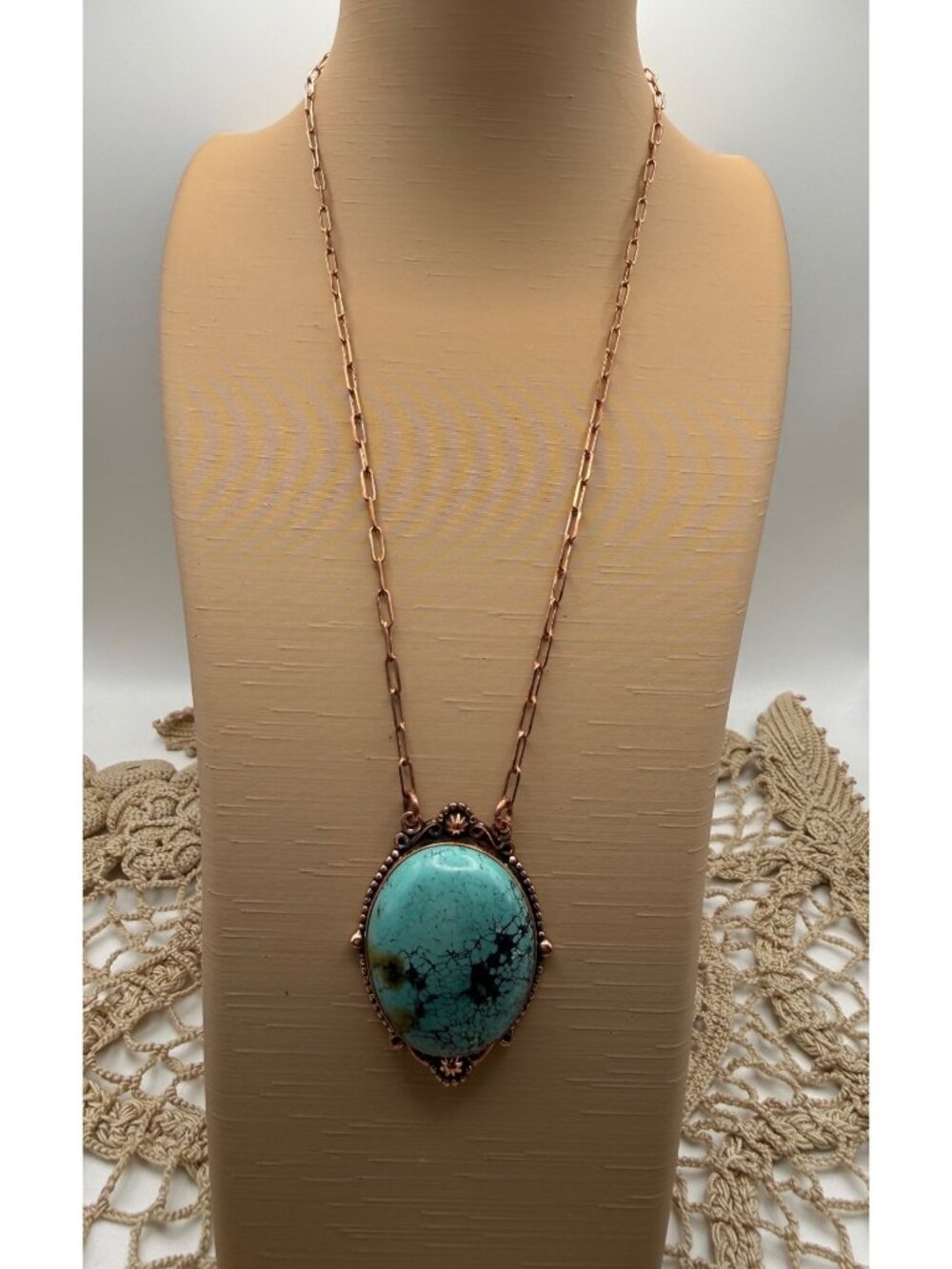 Artisan Tibetan Turquoise Pendant Statement Necklace Chunky Copper Chain Boho 20